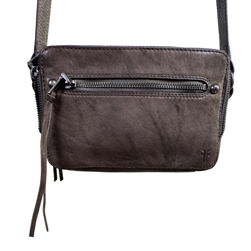 FRYE Genuine Leather Crossbody Shoulder Bag Gray Zip Front‎ Flap Pocket